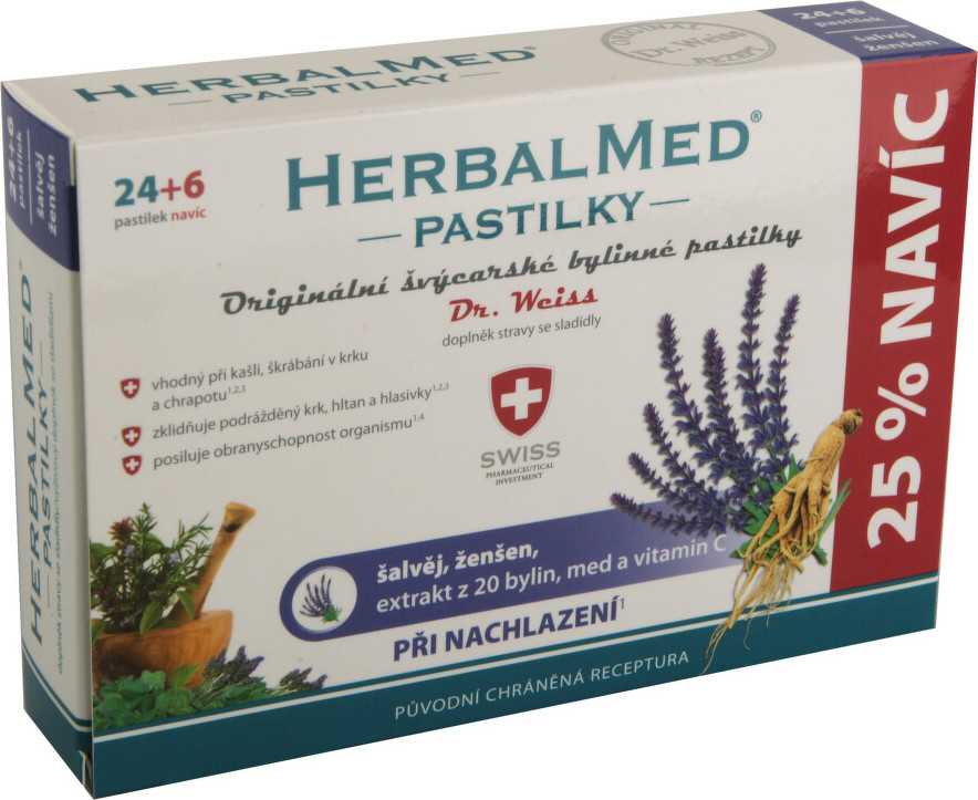 HerbalMed pastilky Dr.Weiss Šalvěj+ženš.vit.C 24+6