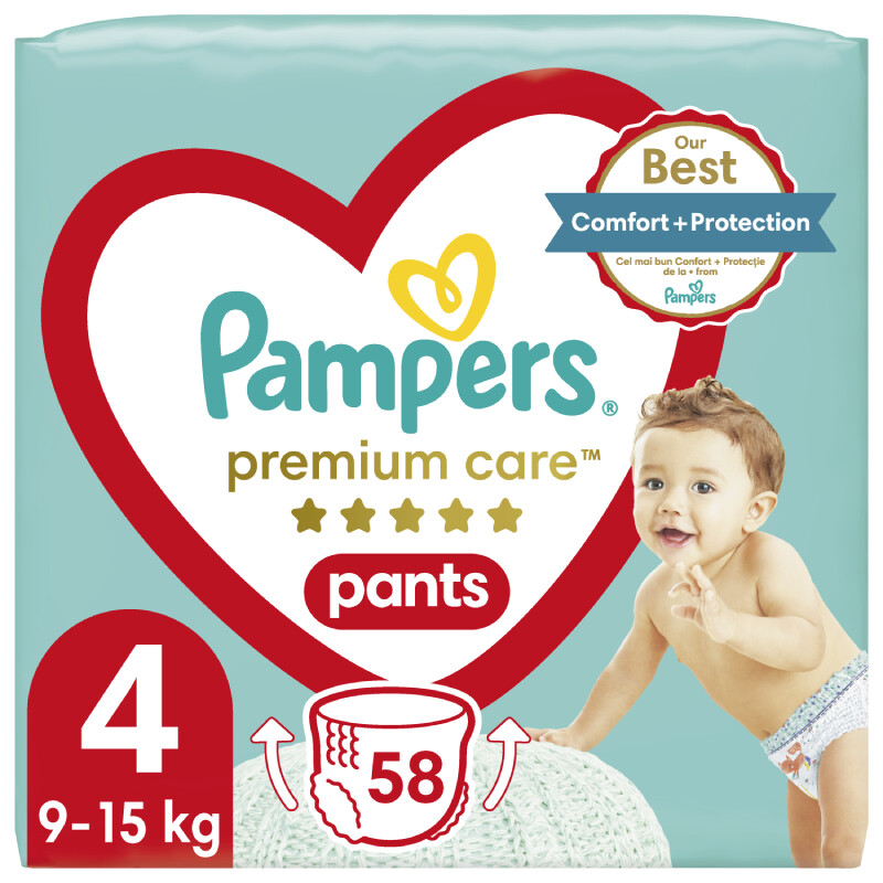 Pampers Premium Care kalhotkové plenky velikost 4 9-15kg 58 ks