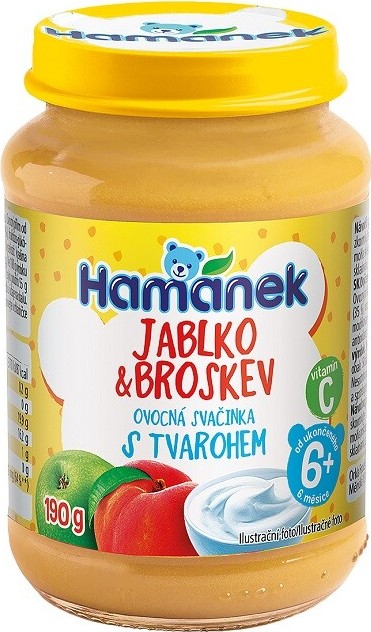 Hamánek Jablko+broskev s tvarohem ovocná svačinka 190g 6m+