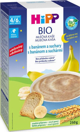 HiPP MLÉČNÁ KAŠE BIO na noc banán a suchary 250g