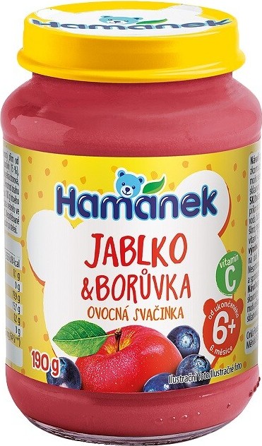 Hamánek Jablko+borůvka 190g ovocná svačinka 6m+