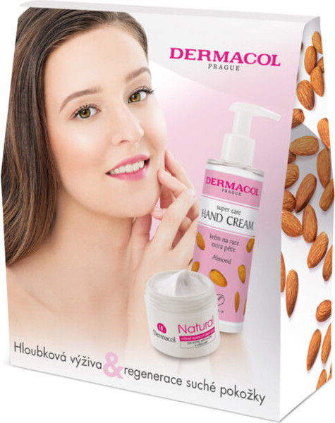 Dermacol Natural výživný mandlový denní krém pro suchou a citlivou pleť 50 ml + Super Care výživný mandlový krém na ruce 150 ml dárková sada