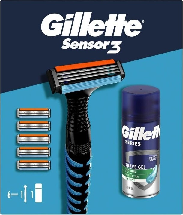 Gillette dárková sada pro muže Sensor3 holicí strojek + 5 hlavic + Series Mini Gel