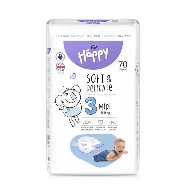 Happy Soft&Delicate 3 dětské pleny 5-9kg 70ks