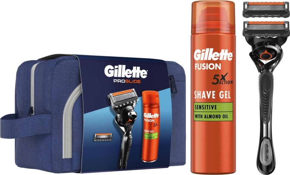 Gillette Pro Glide holící strojek + náhradní hlavice 2 ks + Fusion 5 Ultra Sensitive gel na holení 200 ml + etue dárková sada