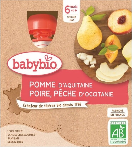 BABYBIO jablko-hruška-broskev 6m+ 4x90g