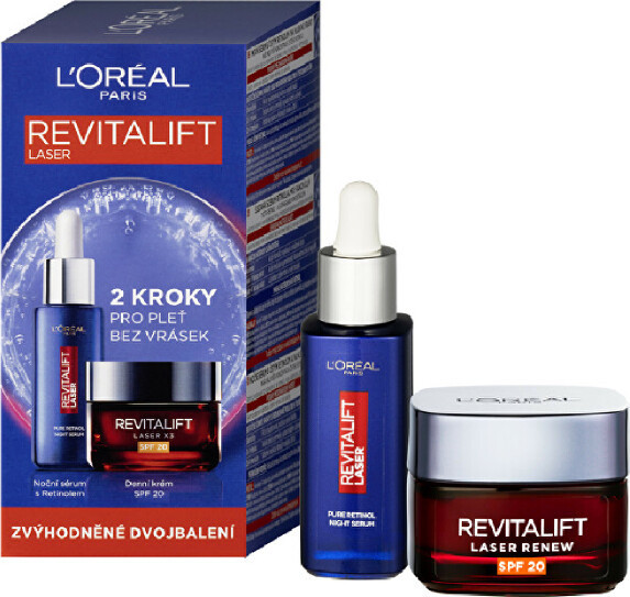 L'Oréal Paris Revitalift Laser denní pleťový krém Revitalift Laser X3 SPF20 50 ml + noční pleťové sérum Revitalift Laser Pure Retinol Night Serum 30 ml dárková sada