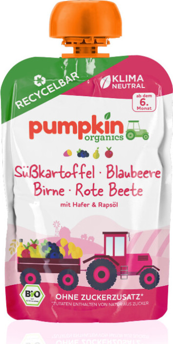 Pumpkin Organics BIO Zeleninové pyré ze sladkých brambor řepy borůvky oves 100 g