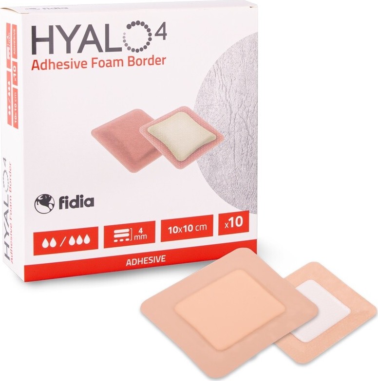 HYALO4 ADHESIVE SILICONE BORDER FOAM DRESSING 10 X 10 CM ADHEZIVNÍ PĚNOVÉ KRYTÍ SE SILIKONEM A LEPÍCÍM OKRA